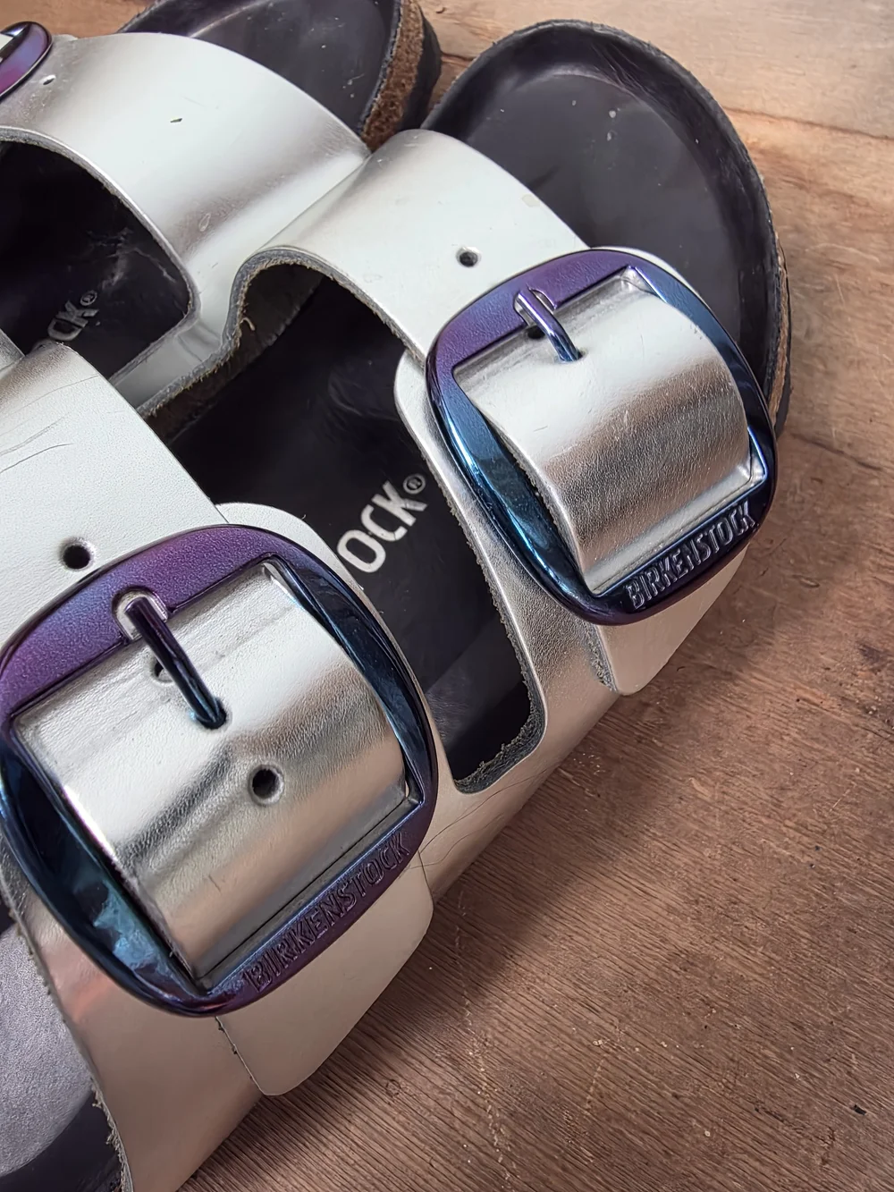 Birkenstock Arizona Metallic Silver Slide Sandals with Iridescent Buckles - Picture 6 of 7